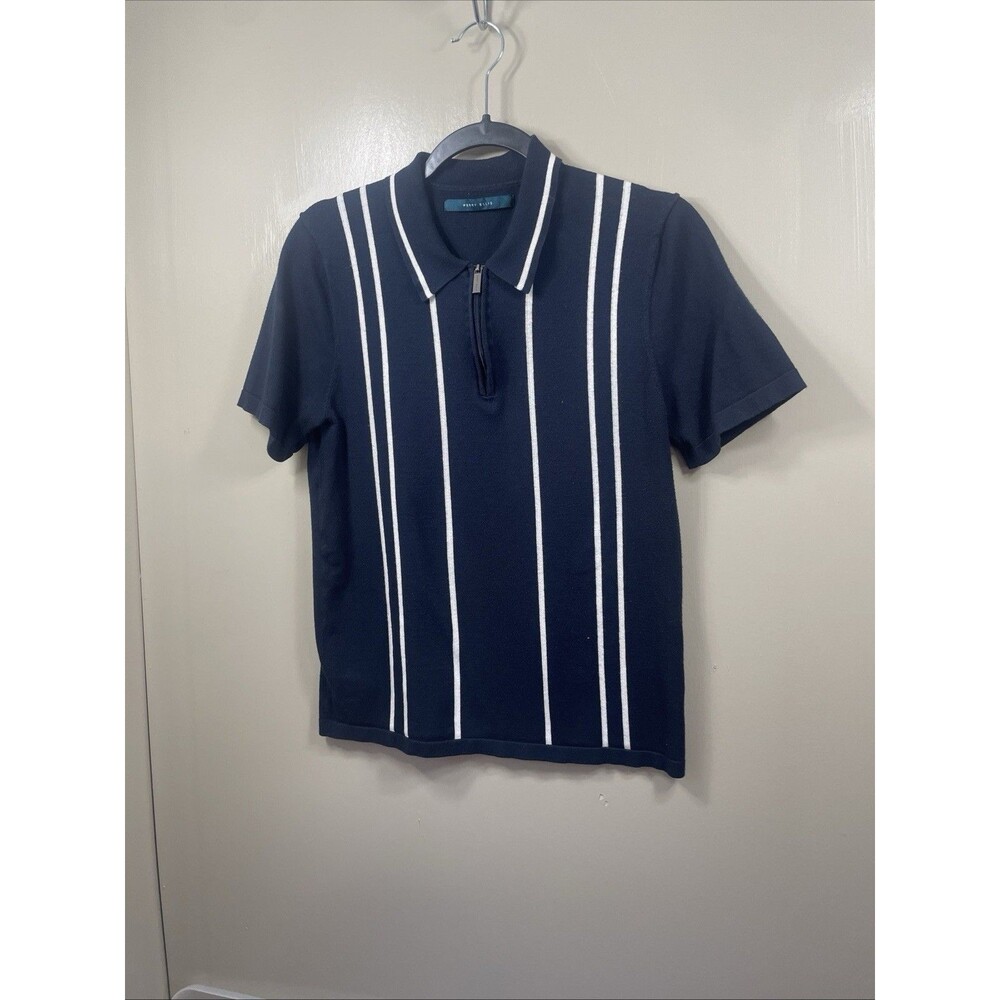 Perry Ellis Mens Navy Blue Striped Grandad Knit Polo Shirt Retro Vintage Small